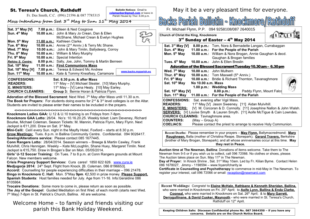 Mass Intentions from Sat. 3Rd May to Sun. 11Th May 2014