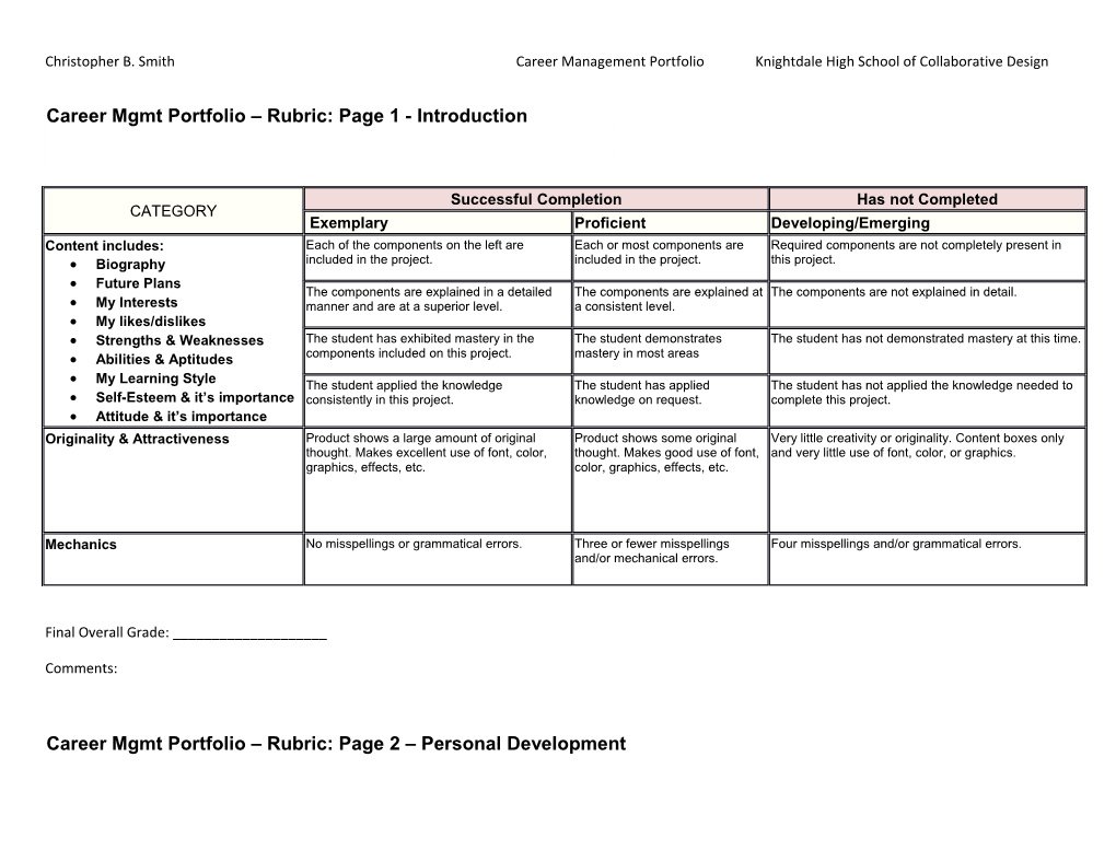 Christopher B. Smith Career Management Portfolioknightdale High School of Collaborative Design