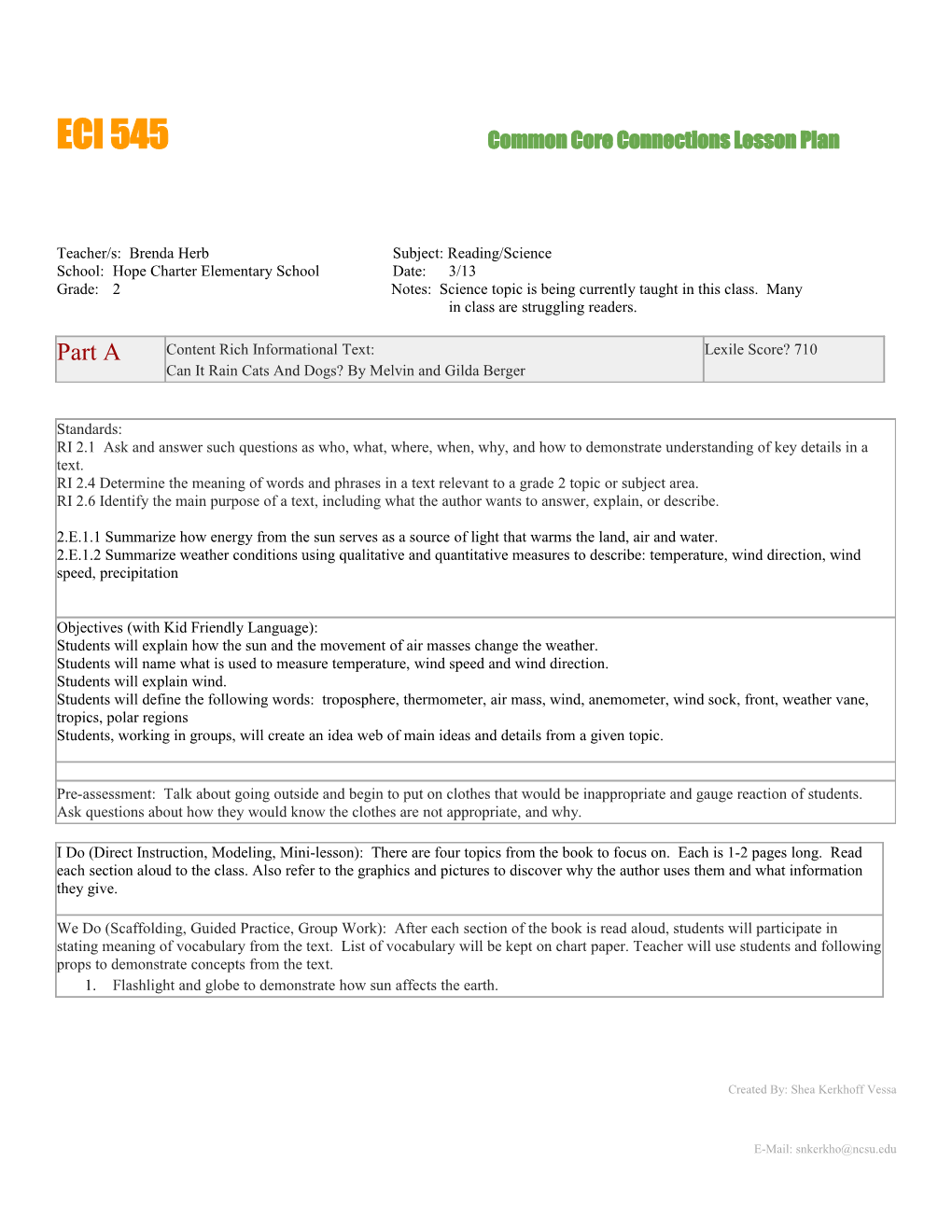 ECI 545 Common Core Connections Lesson Plan