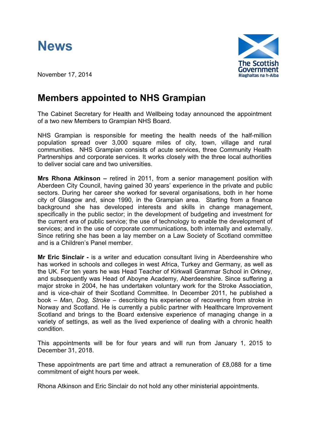 Members Appointed to NHS Grampian