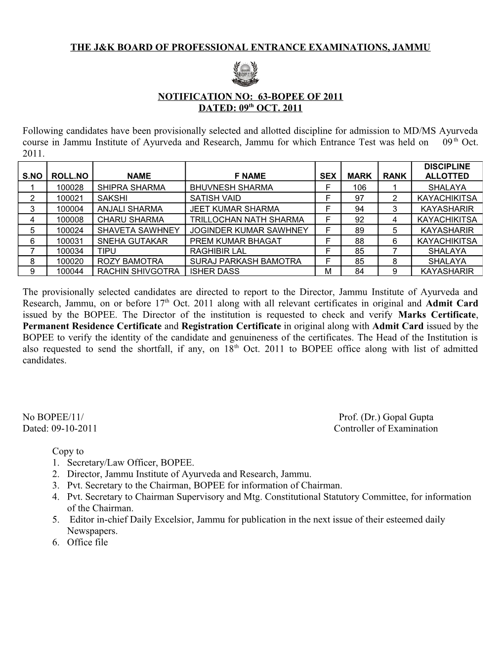 The J&K Board of Professional Entrance Examinations, Jammu s1
