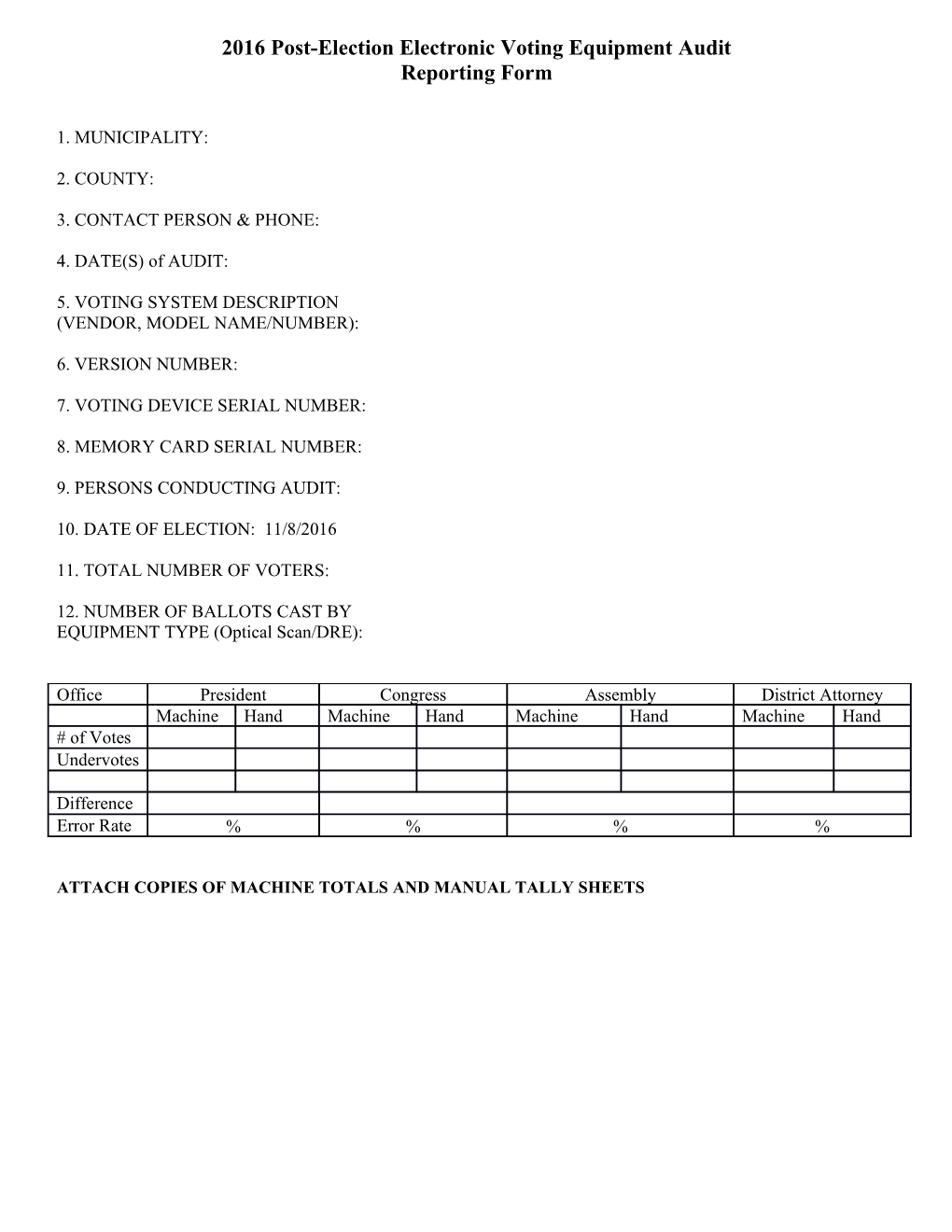 2016 Post-Election Electronic Voting Equipment Audit