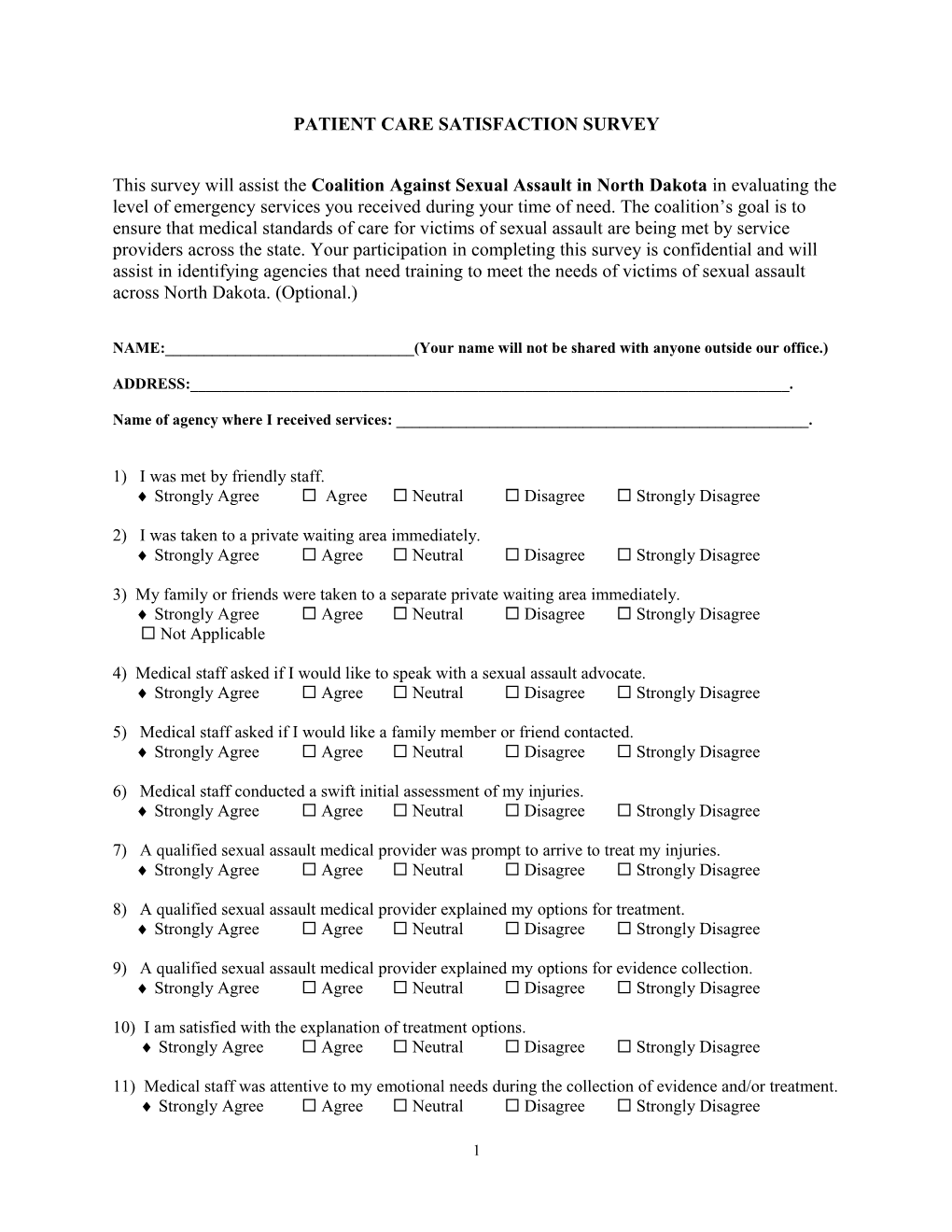 Sexual Assault Patient Care Satisfaction Survey