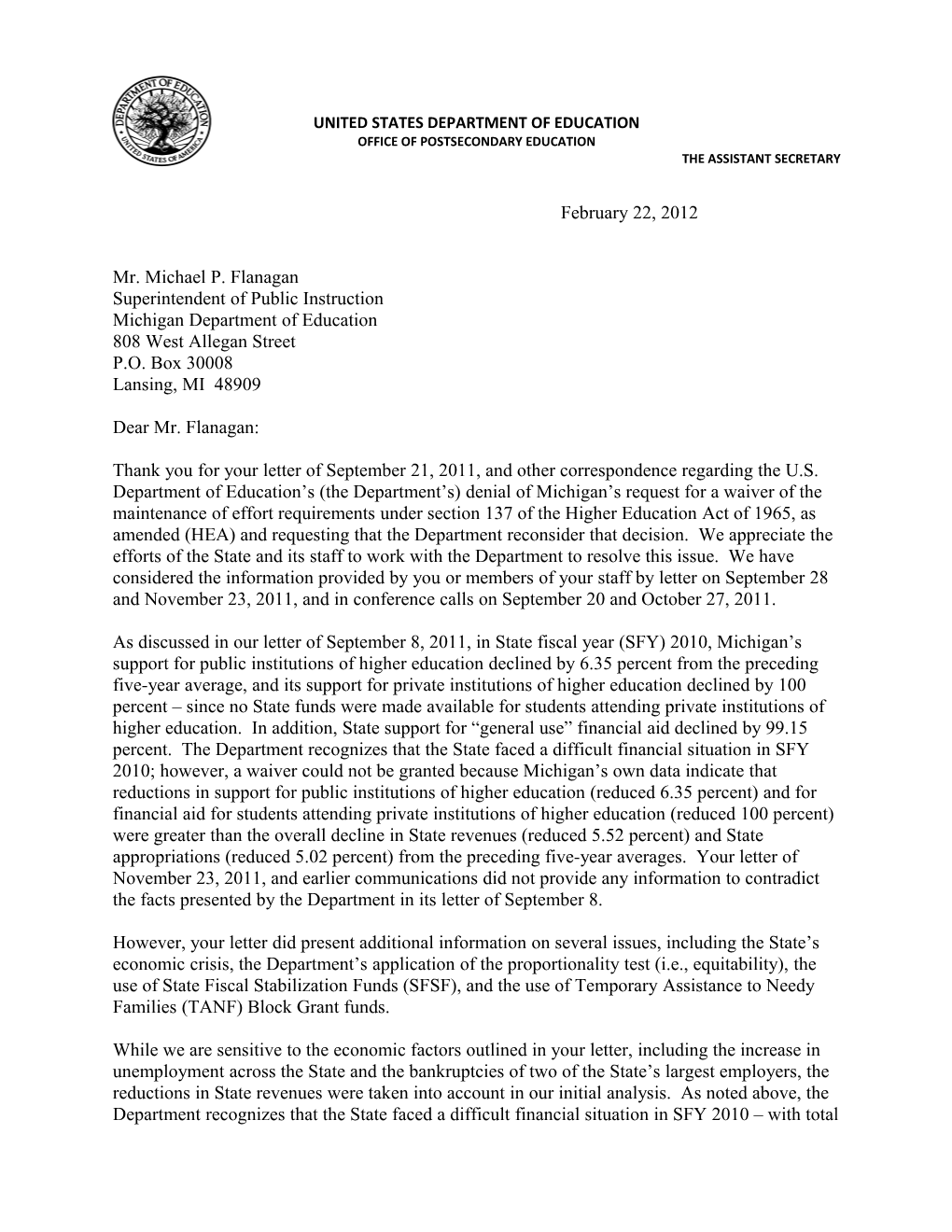 Waiver of the Maintenance of Effort - Michigan 2011 Followup Letter: College Access Challenge