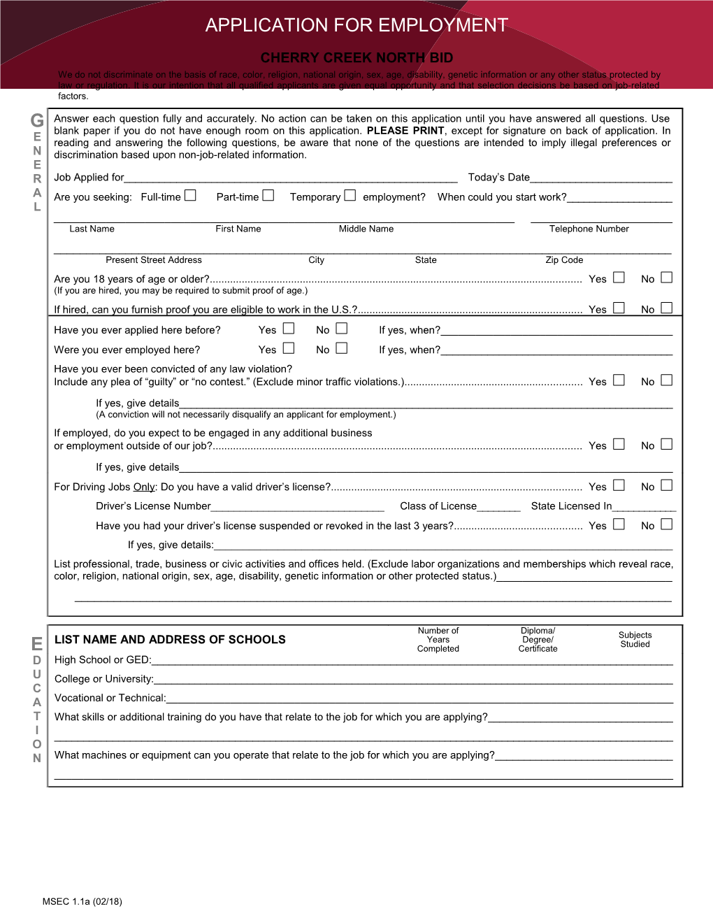 Employment Application - Short Form