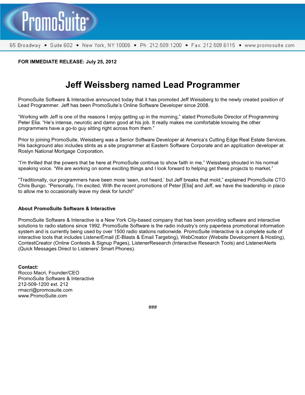 FOR IMMEDIATE RELEASE: July 25, 2012