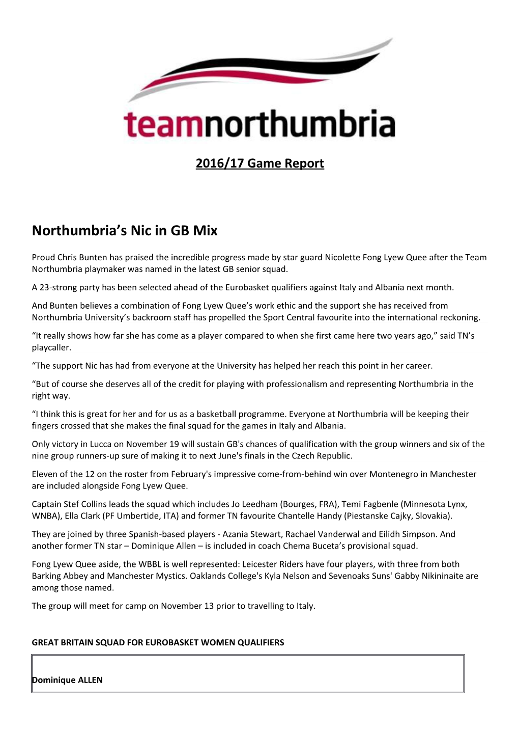 Northumbria S Nic in GB Mix