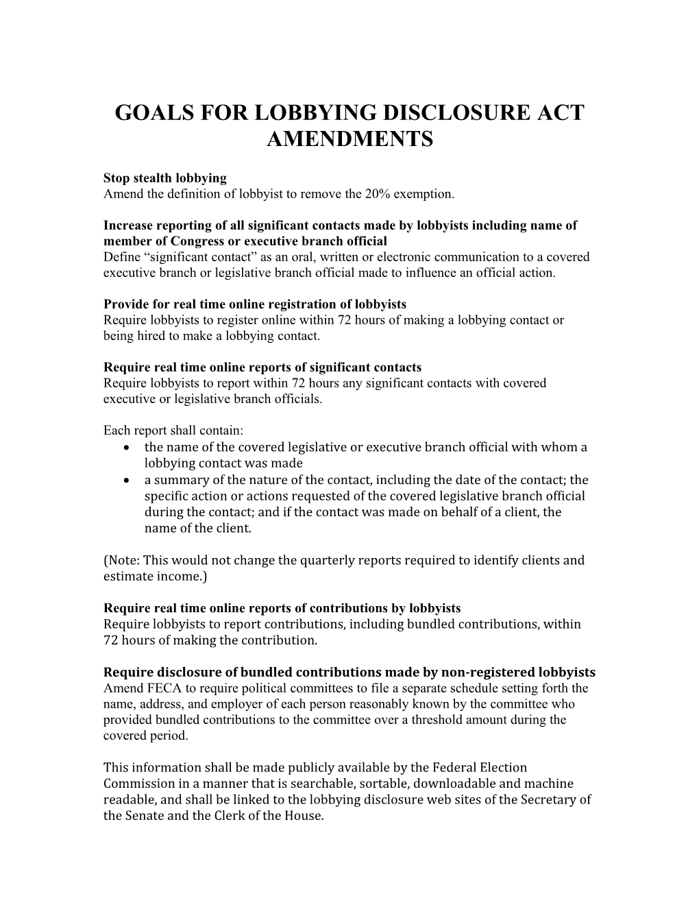 Goals for Lobbying Disclosure Act Amendments