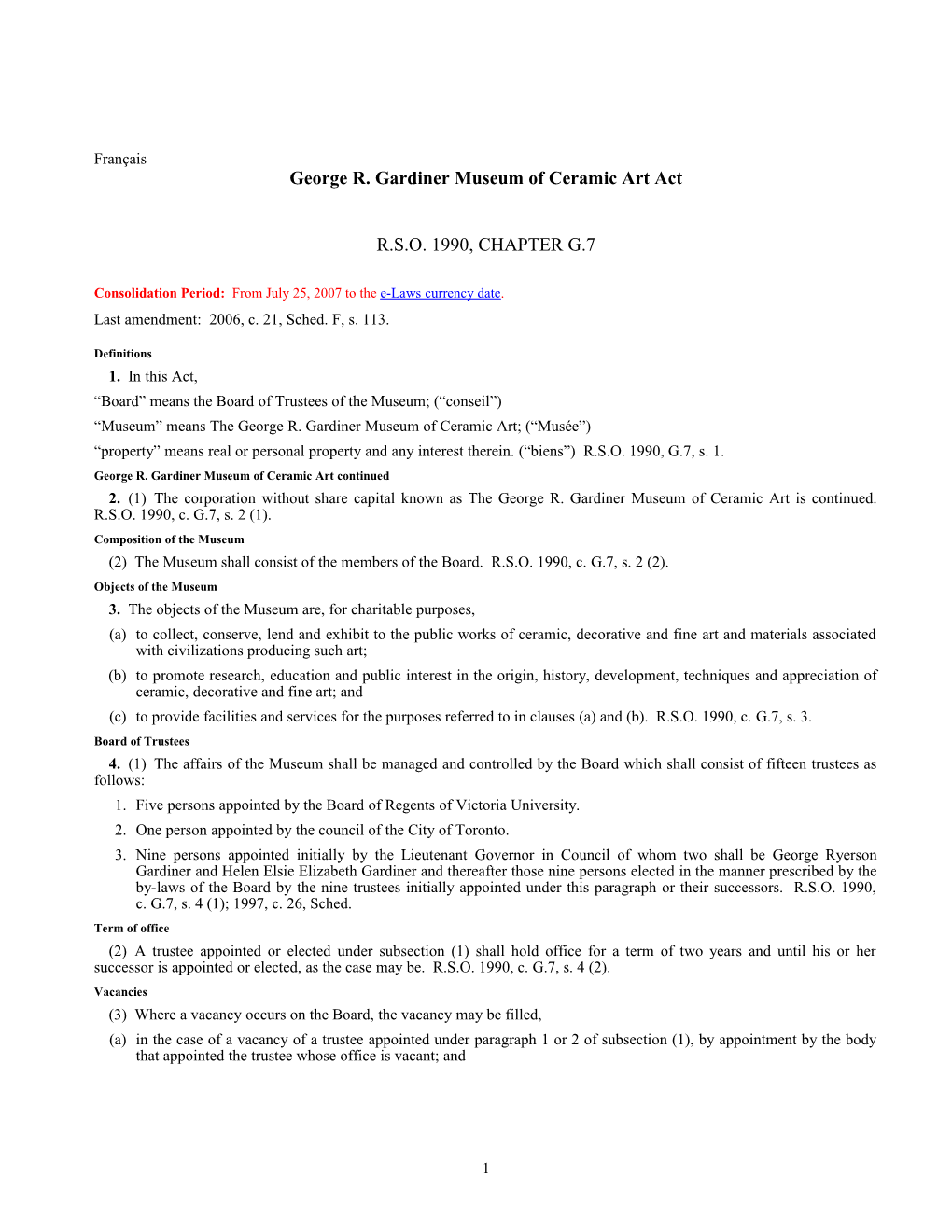 George R. Gardiner Museum of Ceramic Art Act, R.S.O. 1990, C. G.7