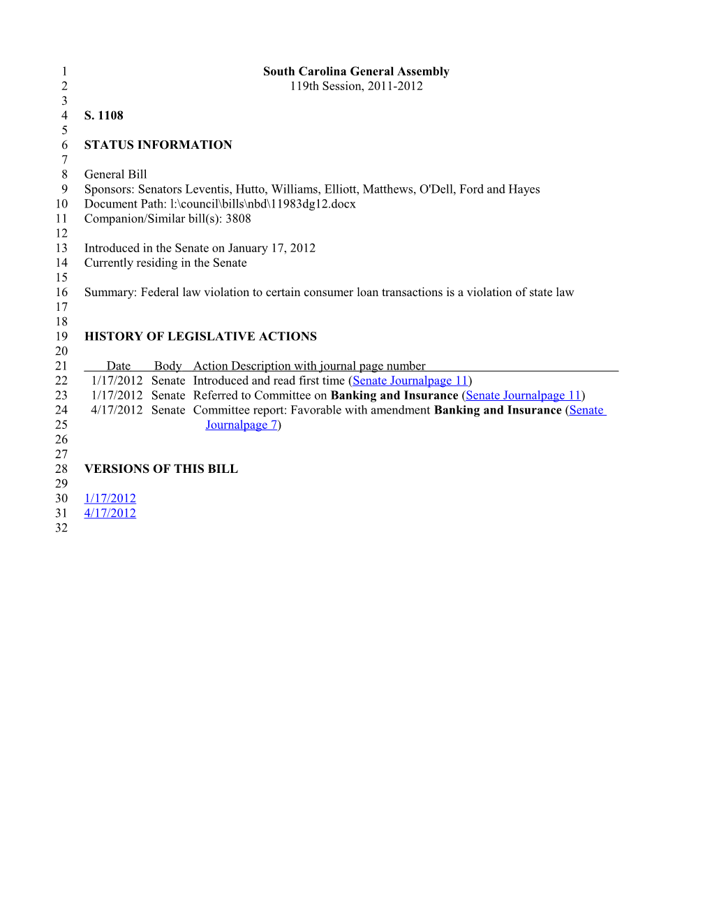 2011-2012 Bill 1108: Federal Law Violation to Certain Consumer Loan Transactions Is a Violation