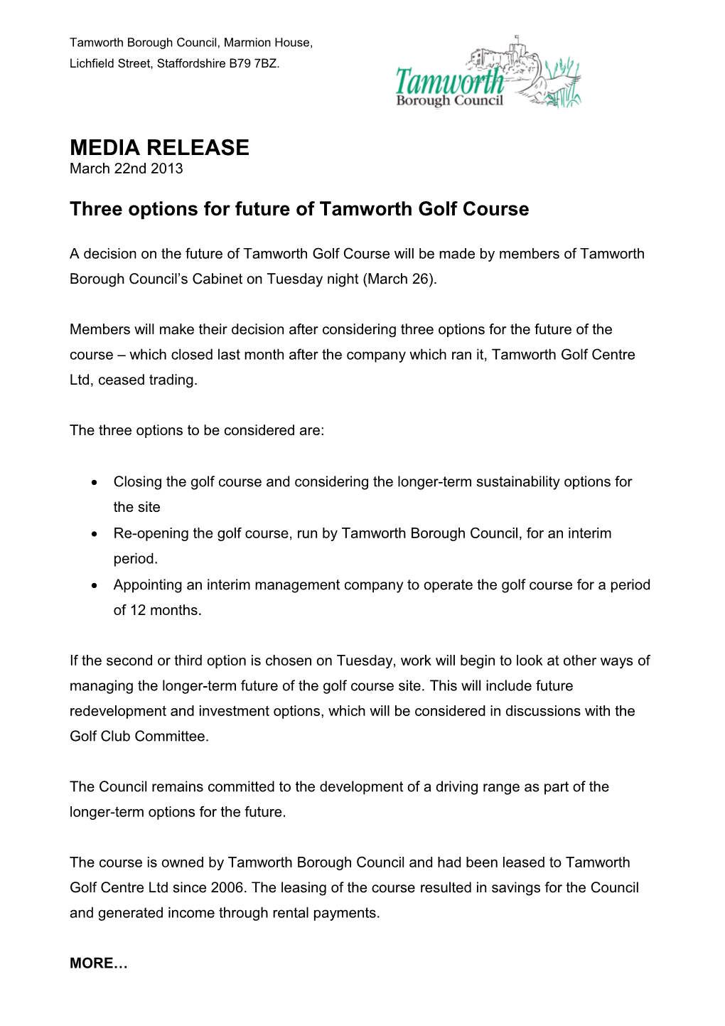 Three Options for Future of Tamworth Golf Course