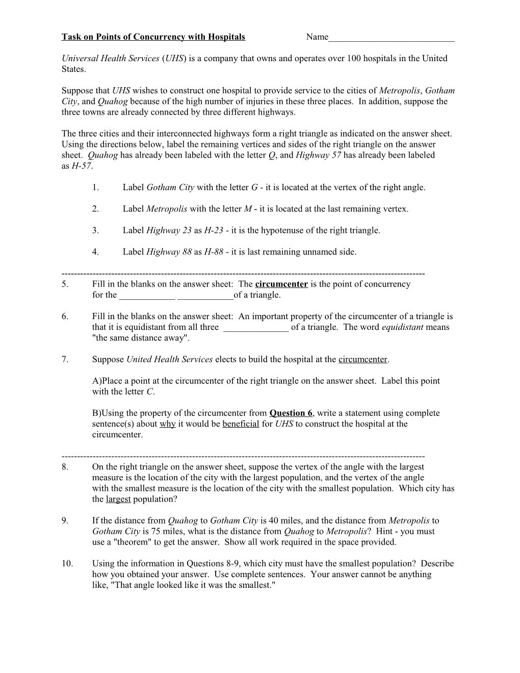 Task on Points of Concurrency with Hospitals