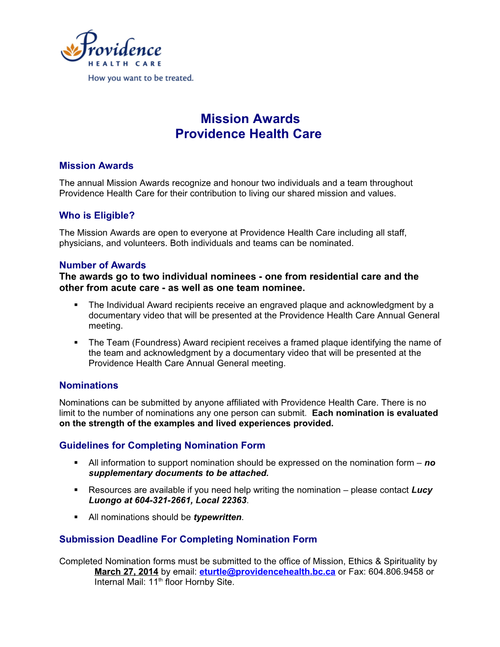 Providence Health Care Mission Awards