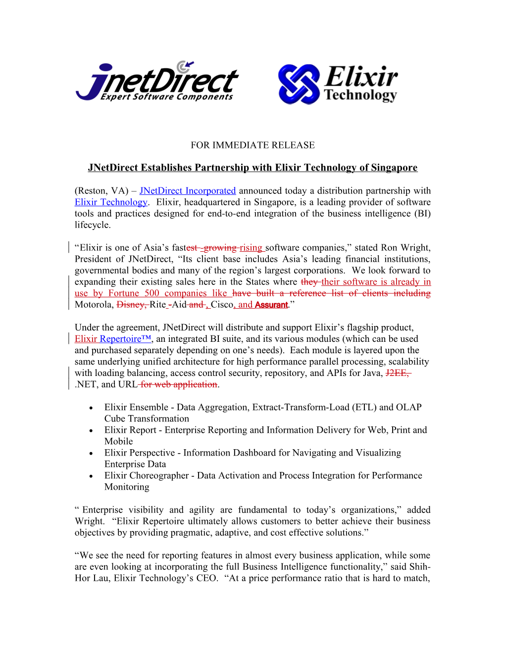 Jnetdirect Establishes Partnership with Elixir Technology of Singapore