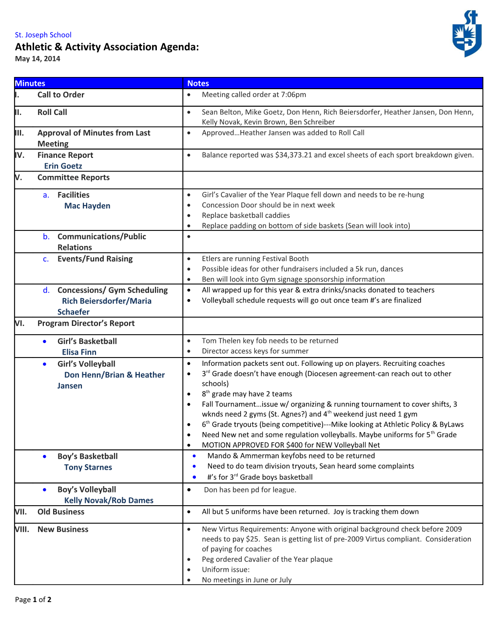 Athletic & Activity Association Agenda