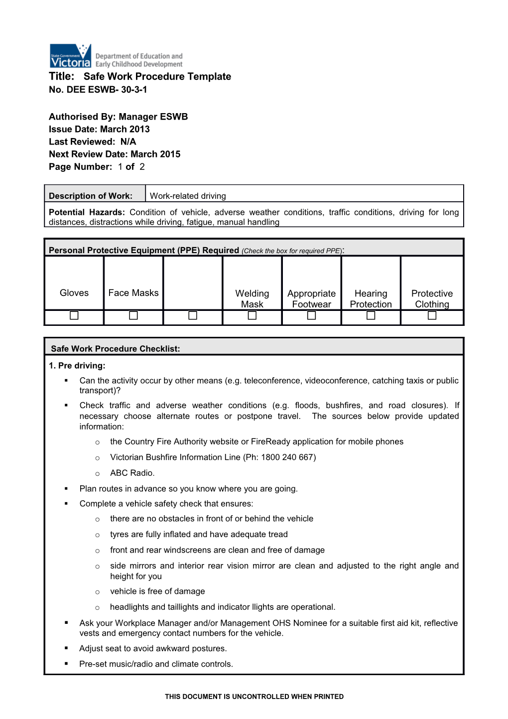 Work-Related Driving Procedure