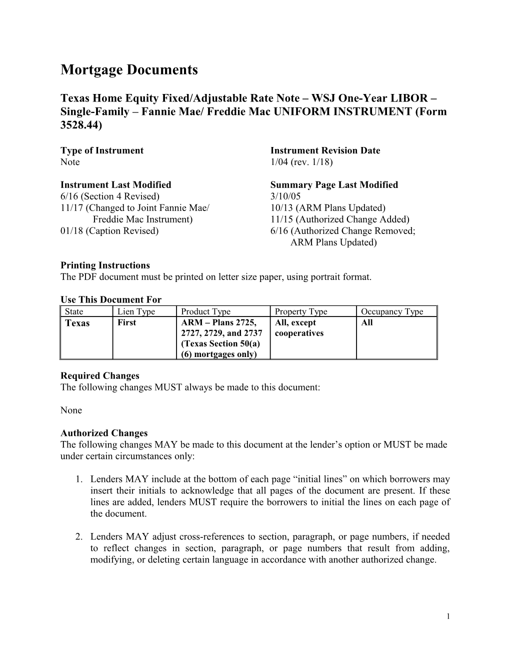 Summary: Texas Home Equity Fixed/Adjustable Rate Note - WSJ One-Year LIBOR