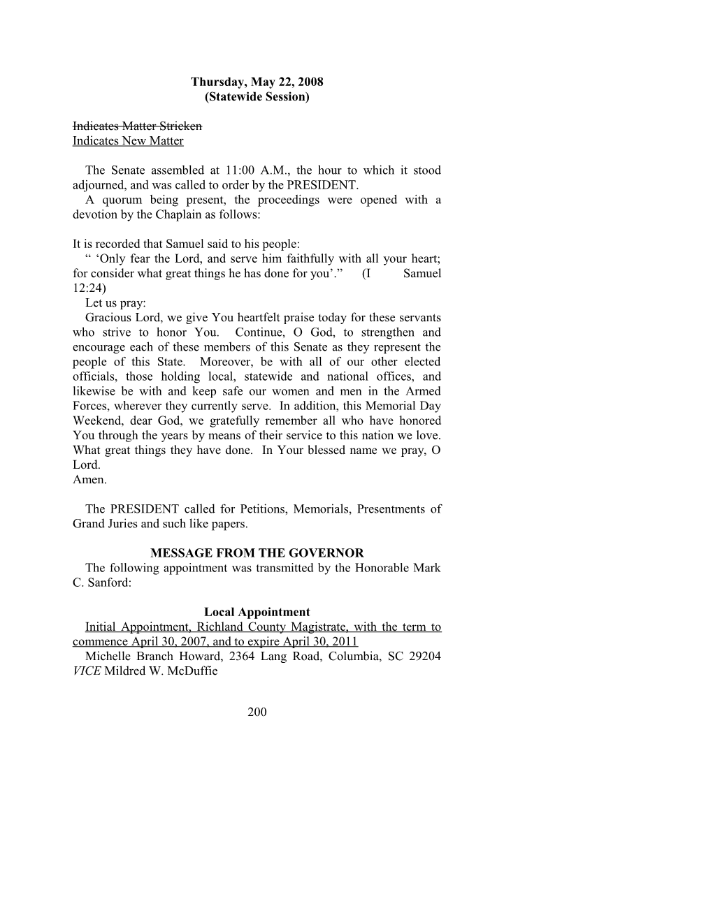 Senate Journal for May 22, 2008 - South Carolina Legislature Online