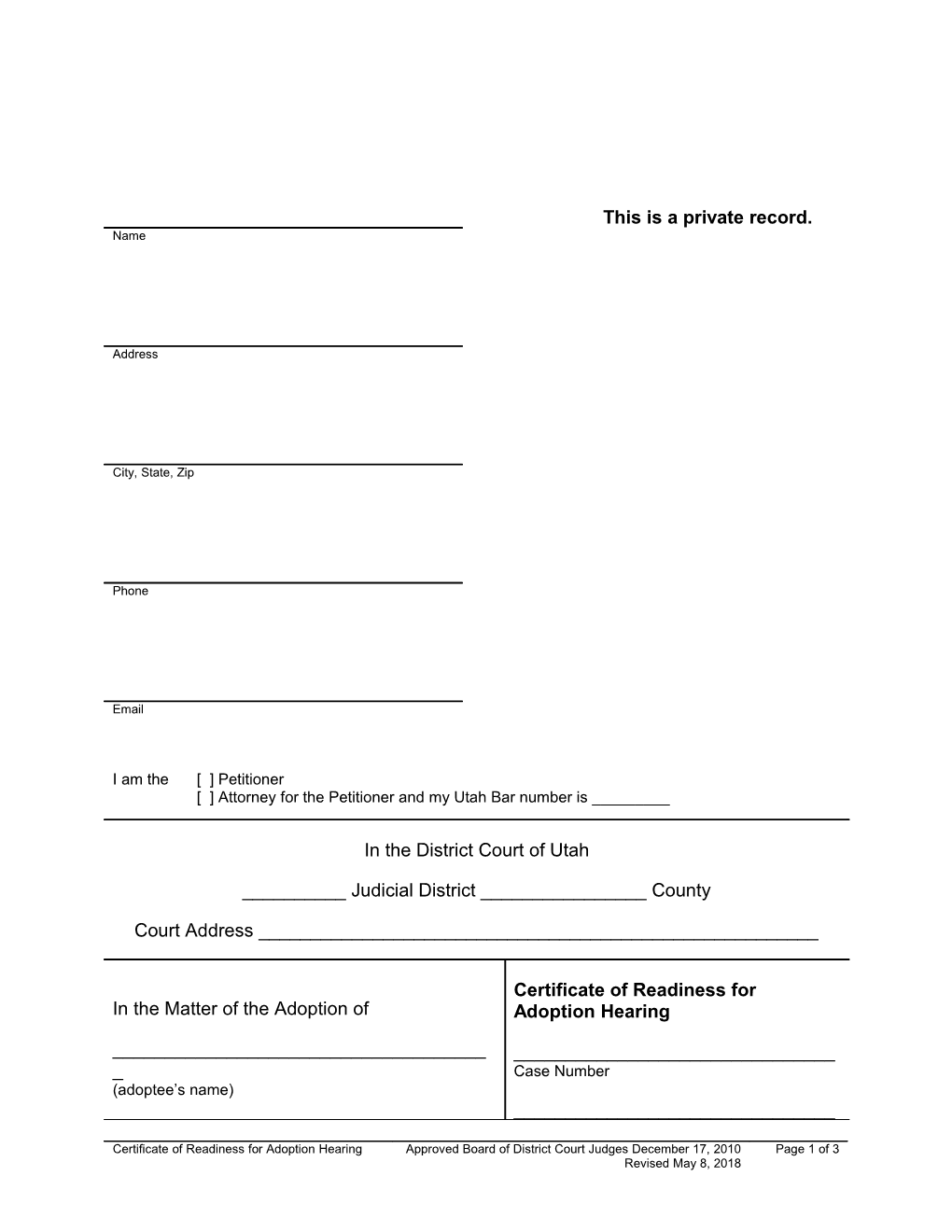 Certificate of Readiness for Adoption Hearing