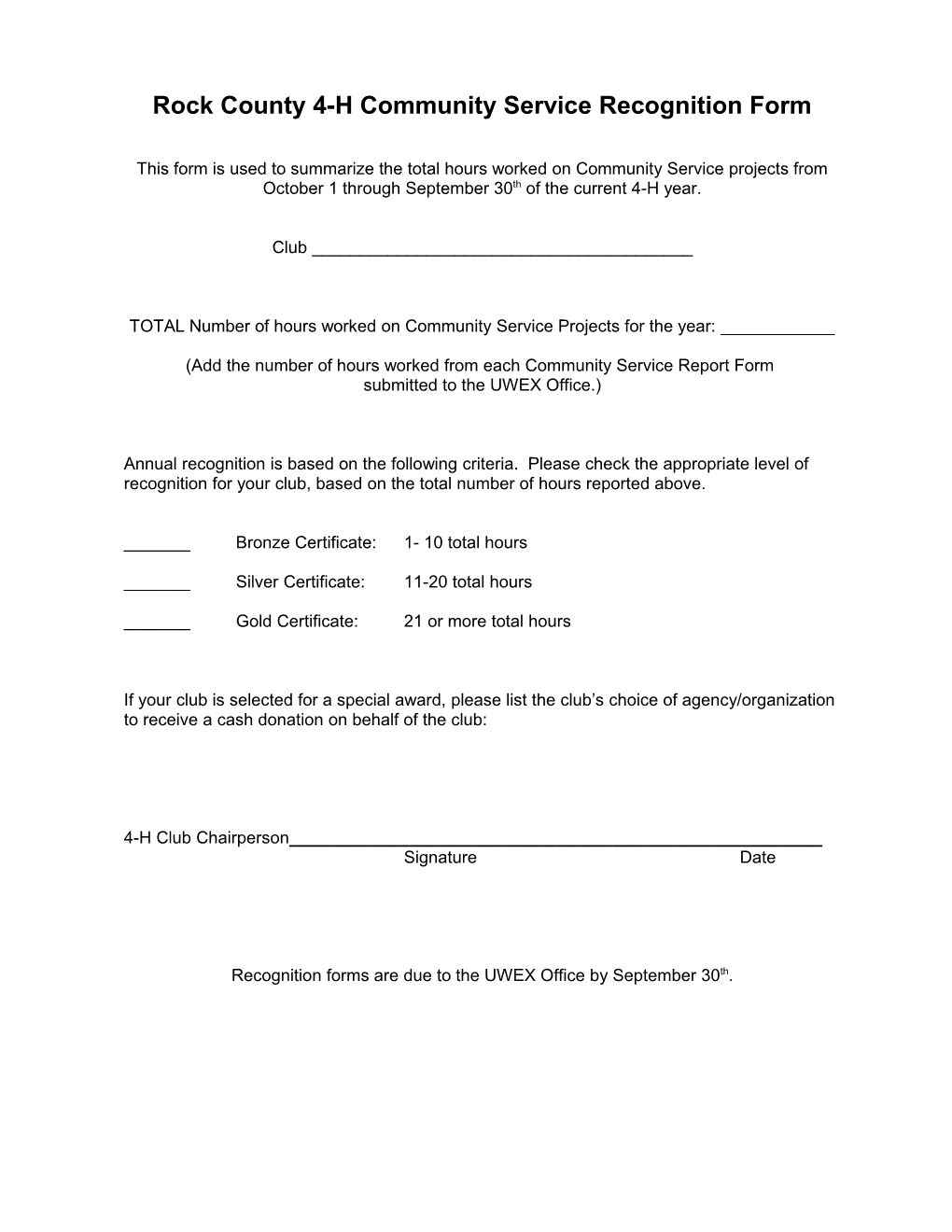 Rock County 4-H Community Service Recognition Form