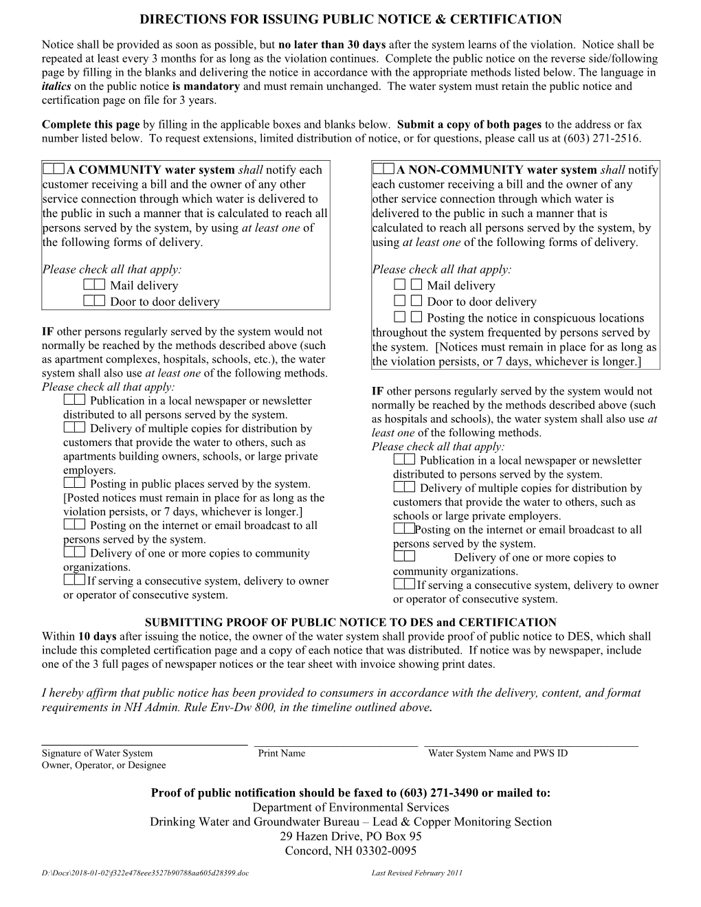 Directions for Issuing Public Notice & Certification