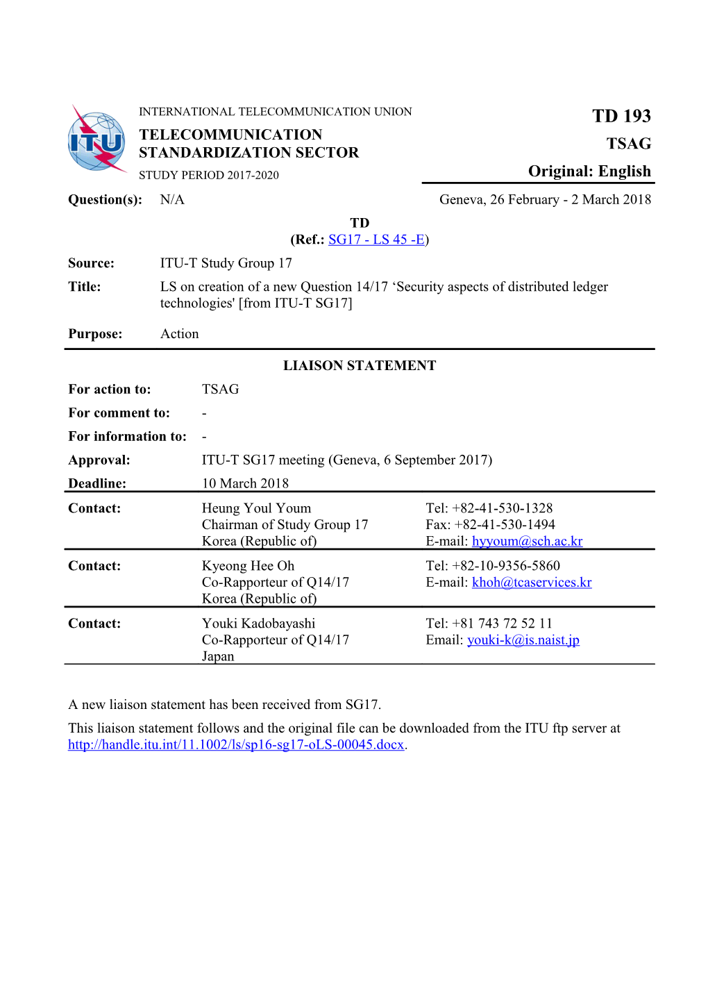 LS/O on Study Group 17 Lead Study Group Report on Languages and Description Techniques to TSAG