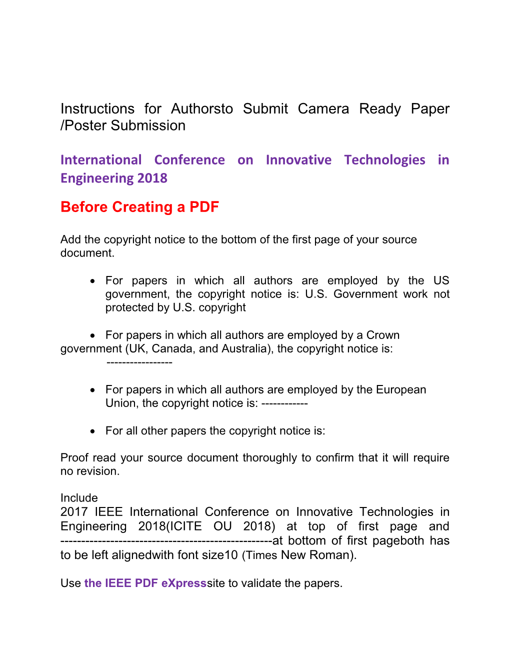 Instructions for Authorsto Submit Camera Ready Paper /Poster Submission