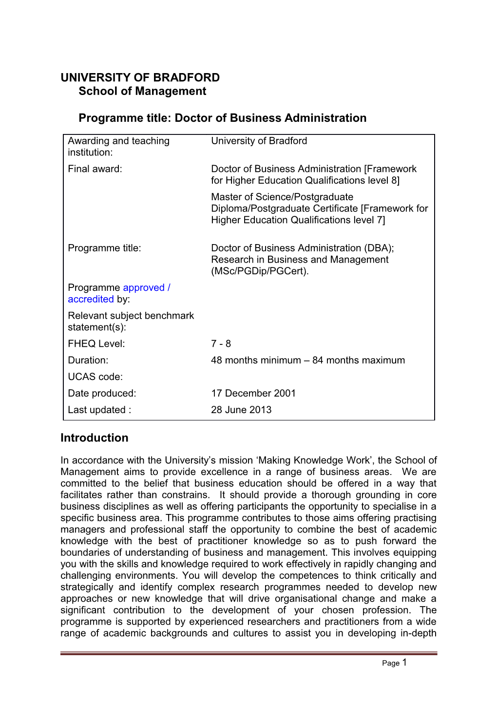 UNIVERSITY of Bradfordschool of Managementprogramme Title: Doctor of Business Administration