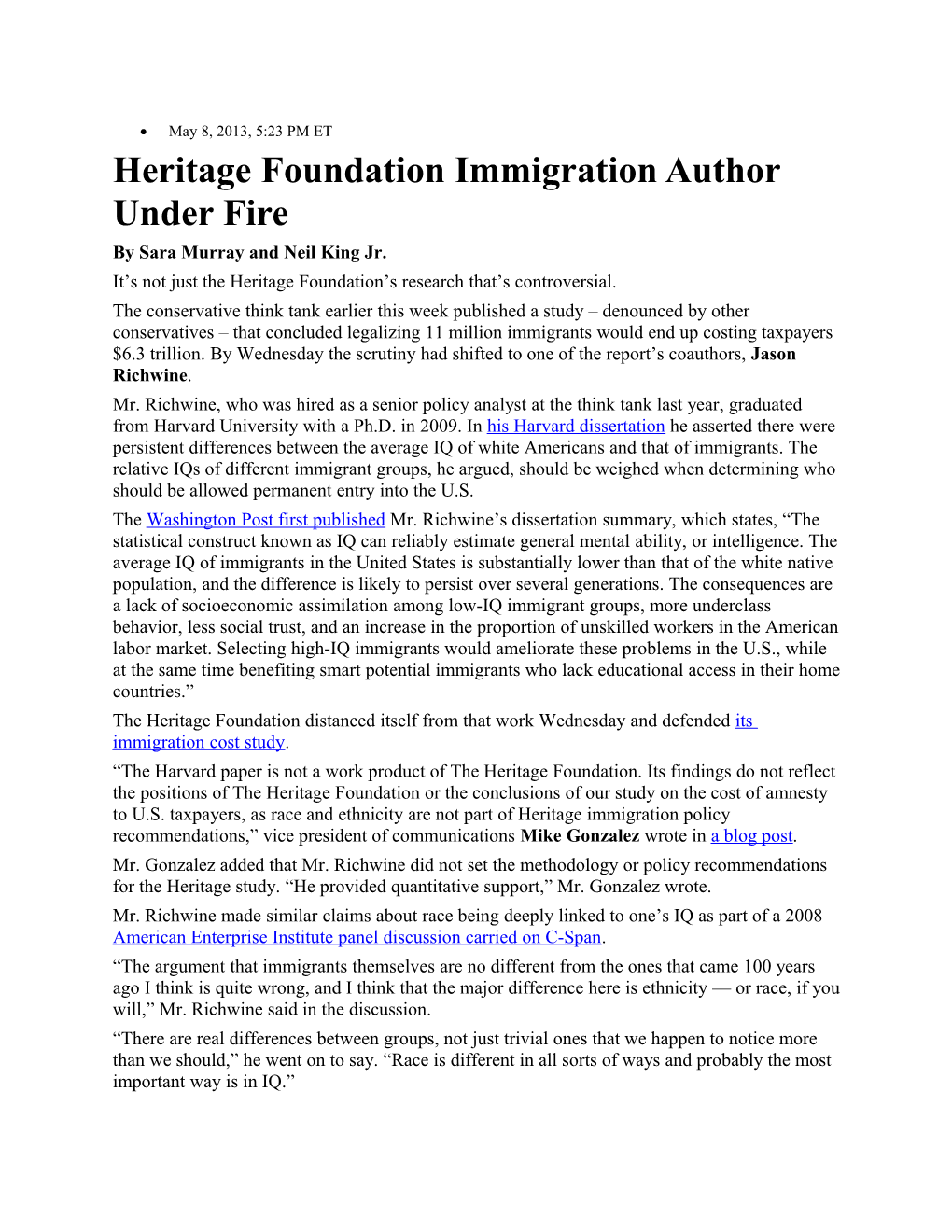 Heritage Foundation Immigration Author Under Fire
