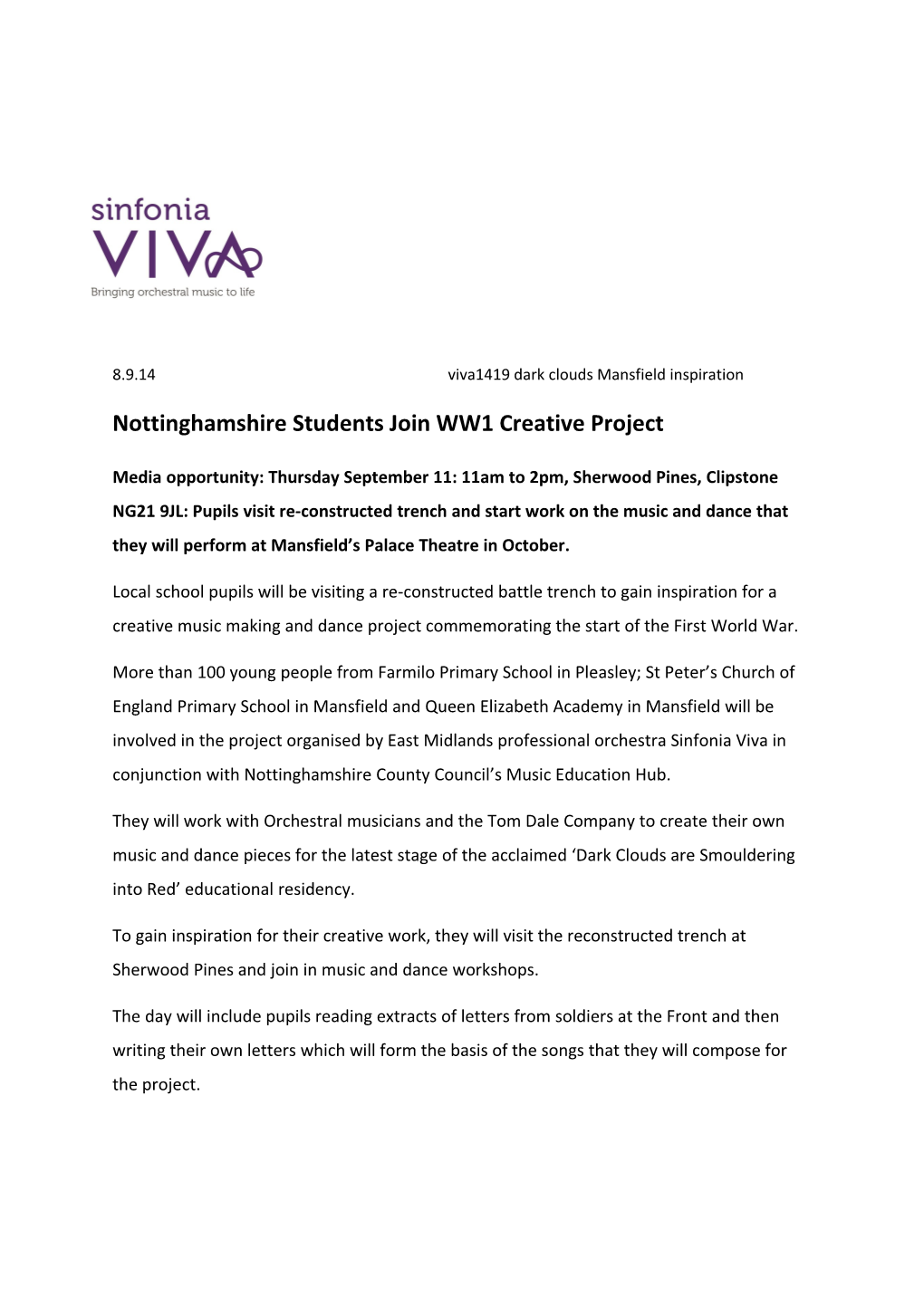 Nottinghamshire Students Join WW1 Creative Project