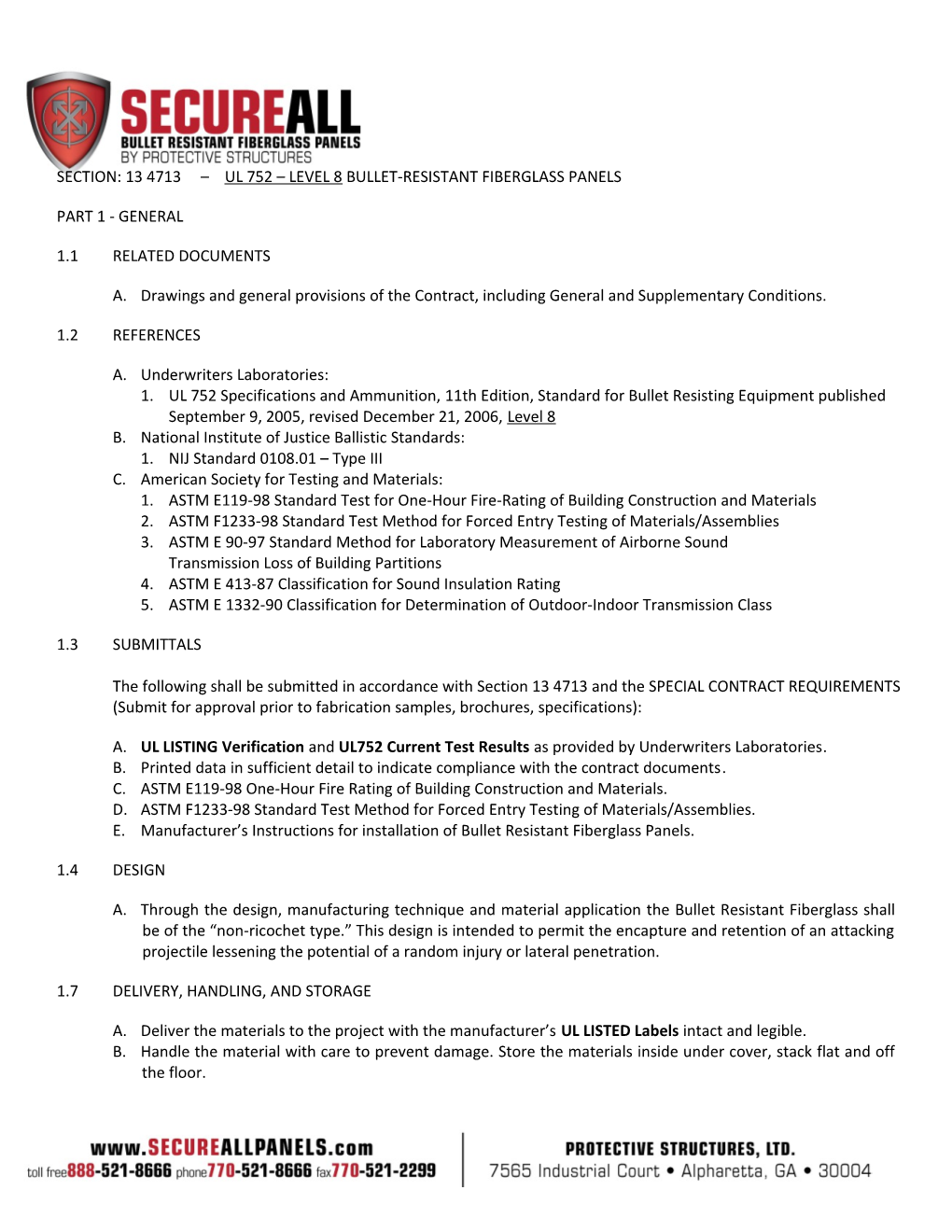 Section: 13 4713 Ul 752 Level 8 Bullet-Resistant Fiberglass Panels