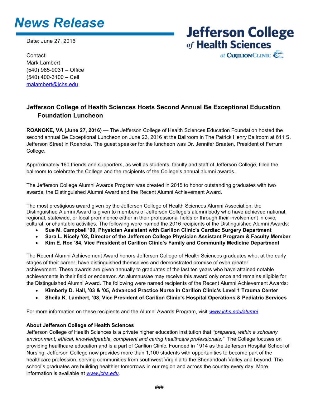 Jefferson College of Health Sciences Hosts Second Annual Be Exceptional Education Foundation