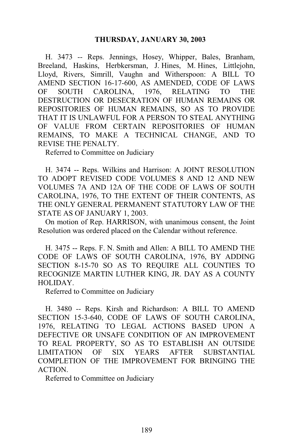 House Journal for Jan. 30, 2003 - South Carolina Legislature Online