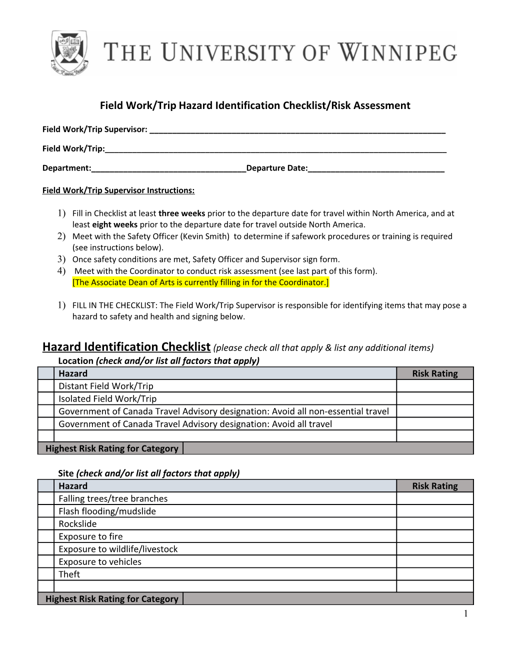 Field Work/Triphazard Identification Checklist/Risk Assessment