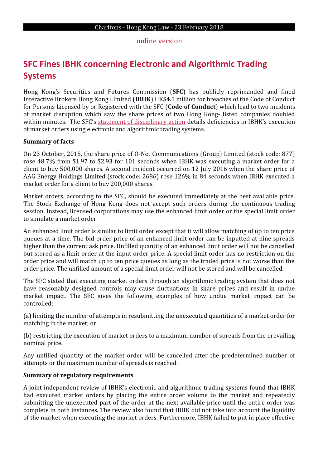 SFC Fines IBHK Concerning Electronic and Algorithmic Trading Systems