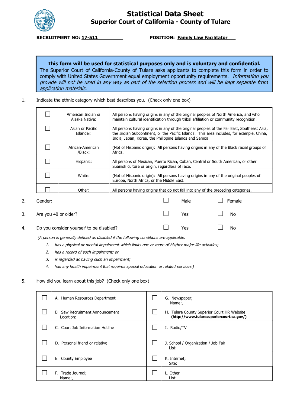 Statistical Data Sheet