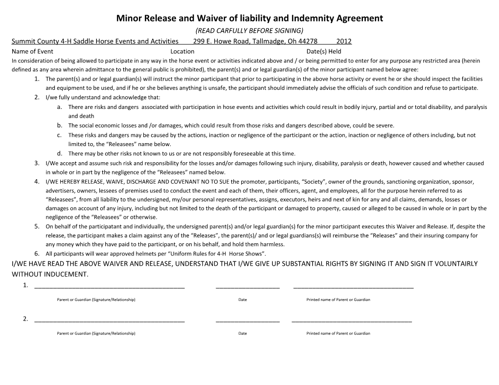 Minor Release and Waiver of Liability and Indemnity Agreement