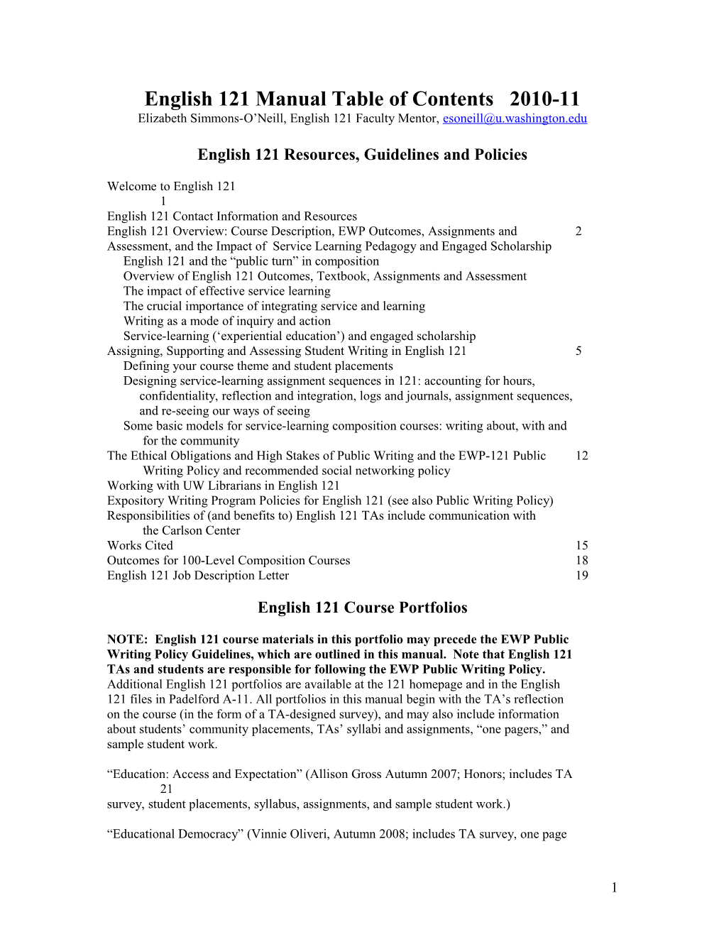 English 121 Manual Table of Contents 2010-11