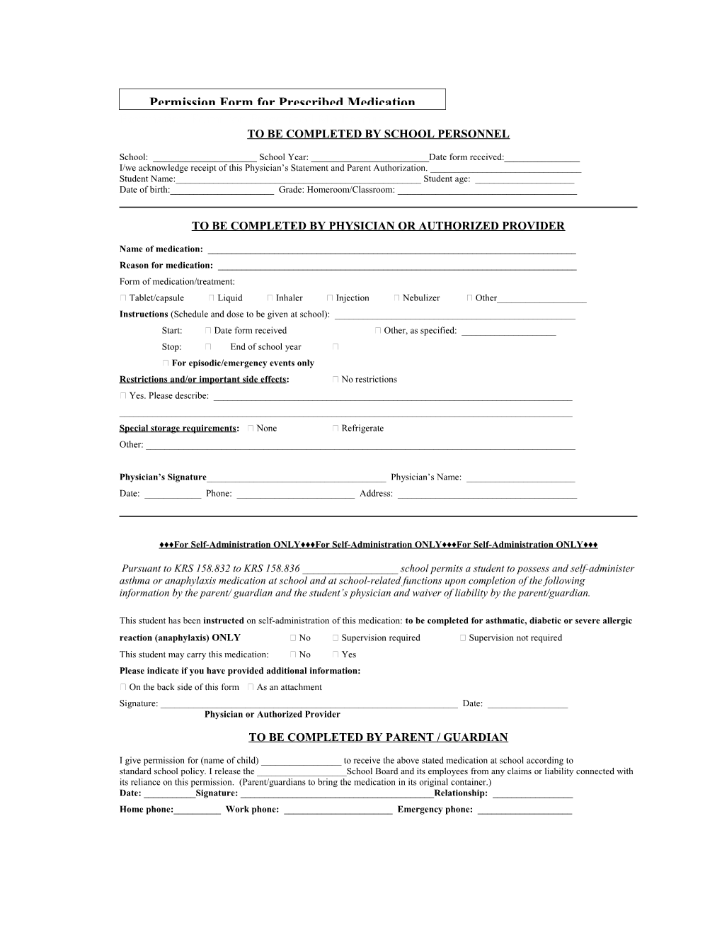 Permission Form for Prescribed Medication