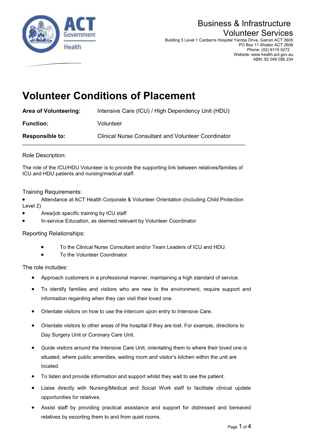 Volunteer Conditions of Placement