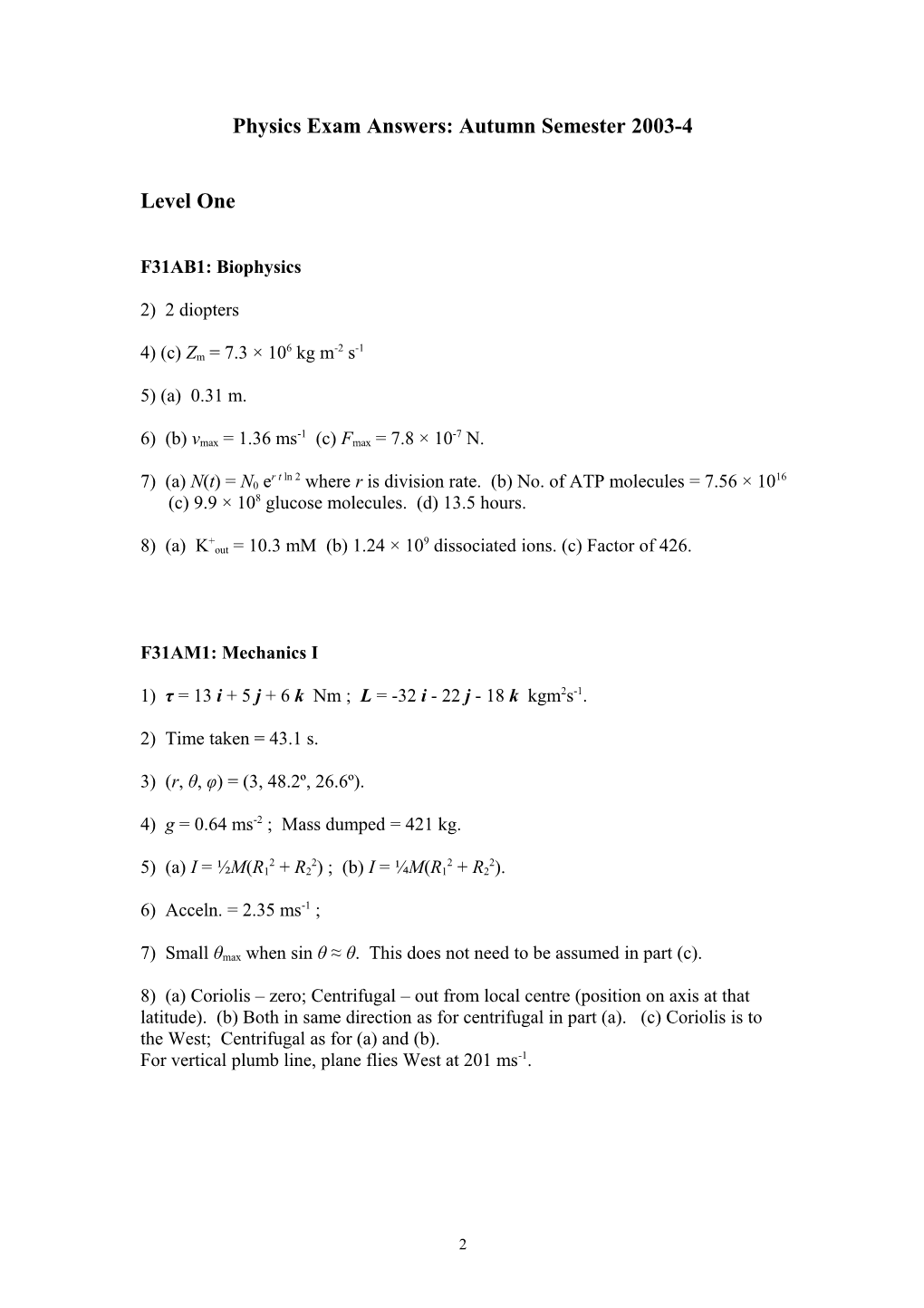Physics Exam Answers: Autumn Semester 2000-1