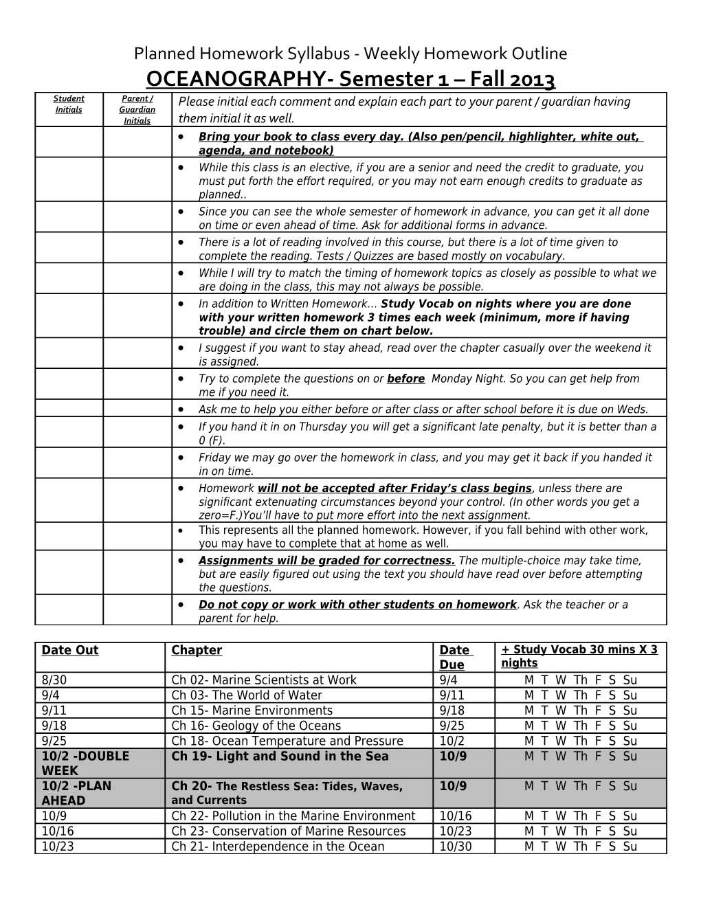 Planned Homework Syllabus - Weekly Homework Outline