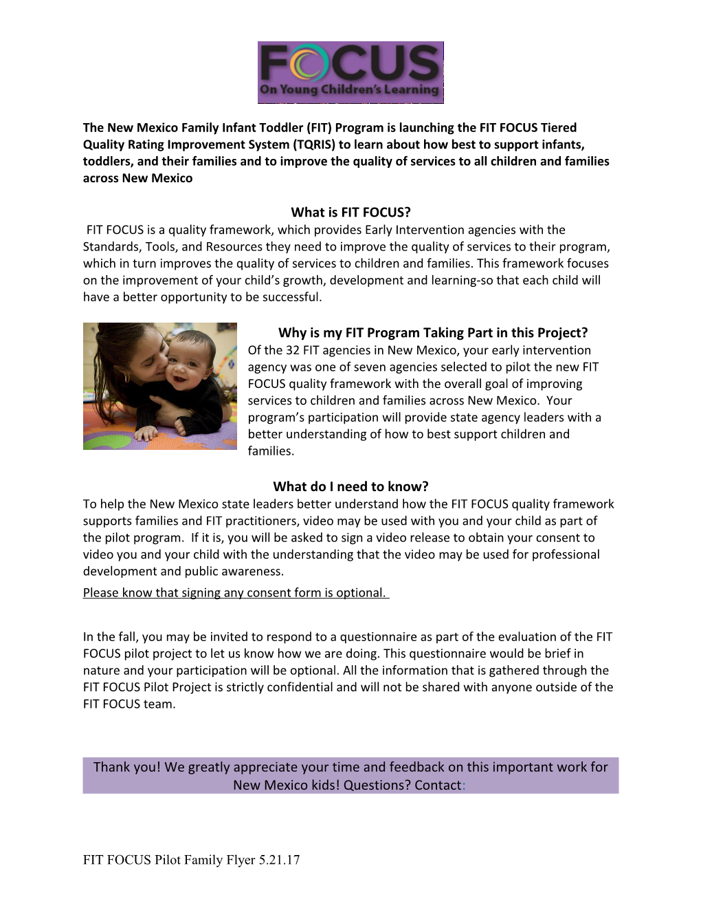 The New Mexico Family Infant Toddler (FIT) Program Is Launching the FIT FOCUS Tiered Quality