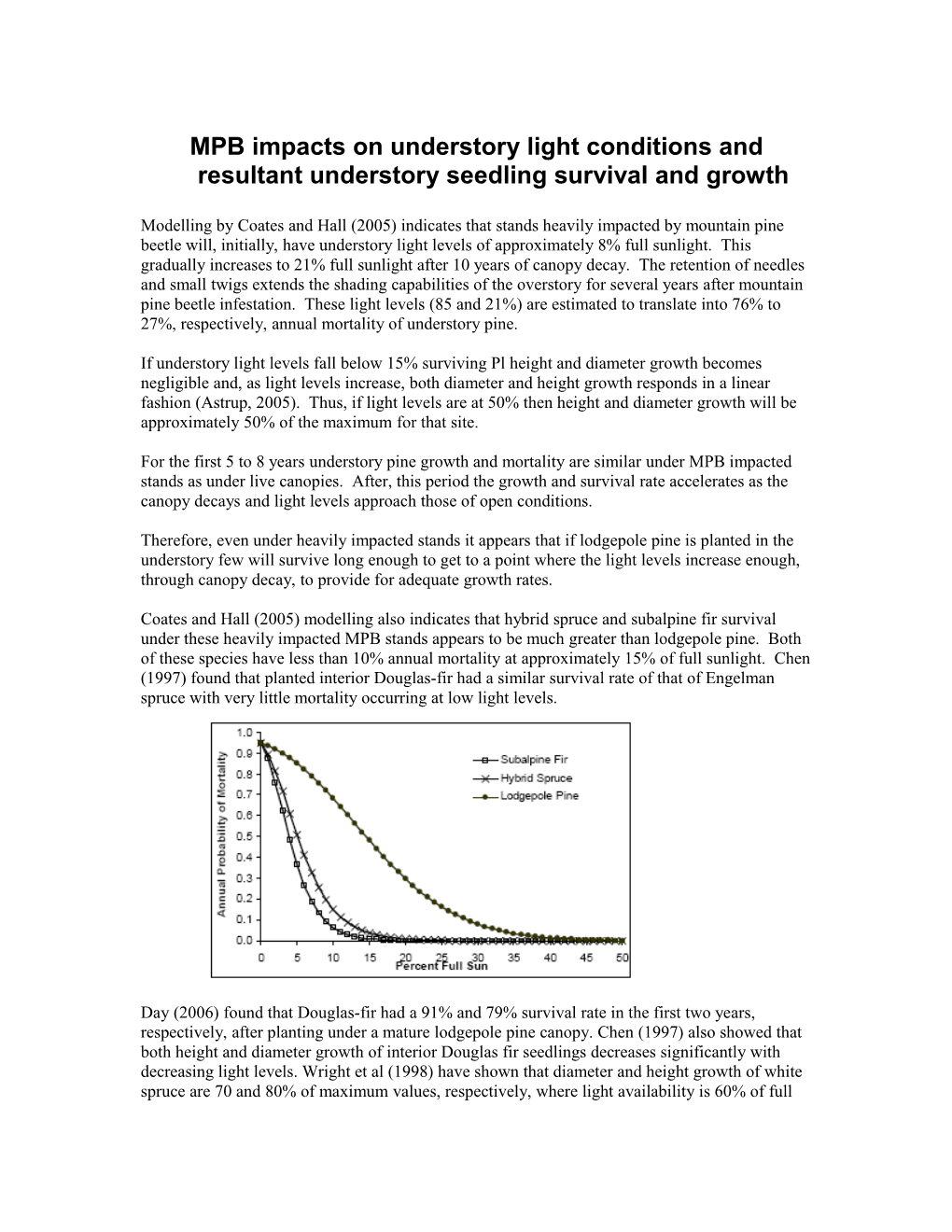 MPB Impacts on Understory Light Conditions and Resultant Understory Seedling Survival and Growth