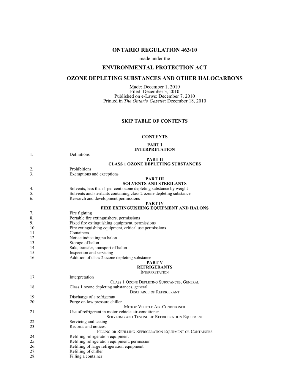 ENVIRONMENTAL PROTECTION ACT - O. Reg. 463/10