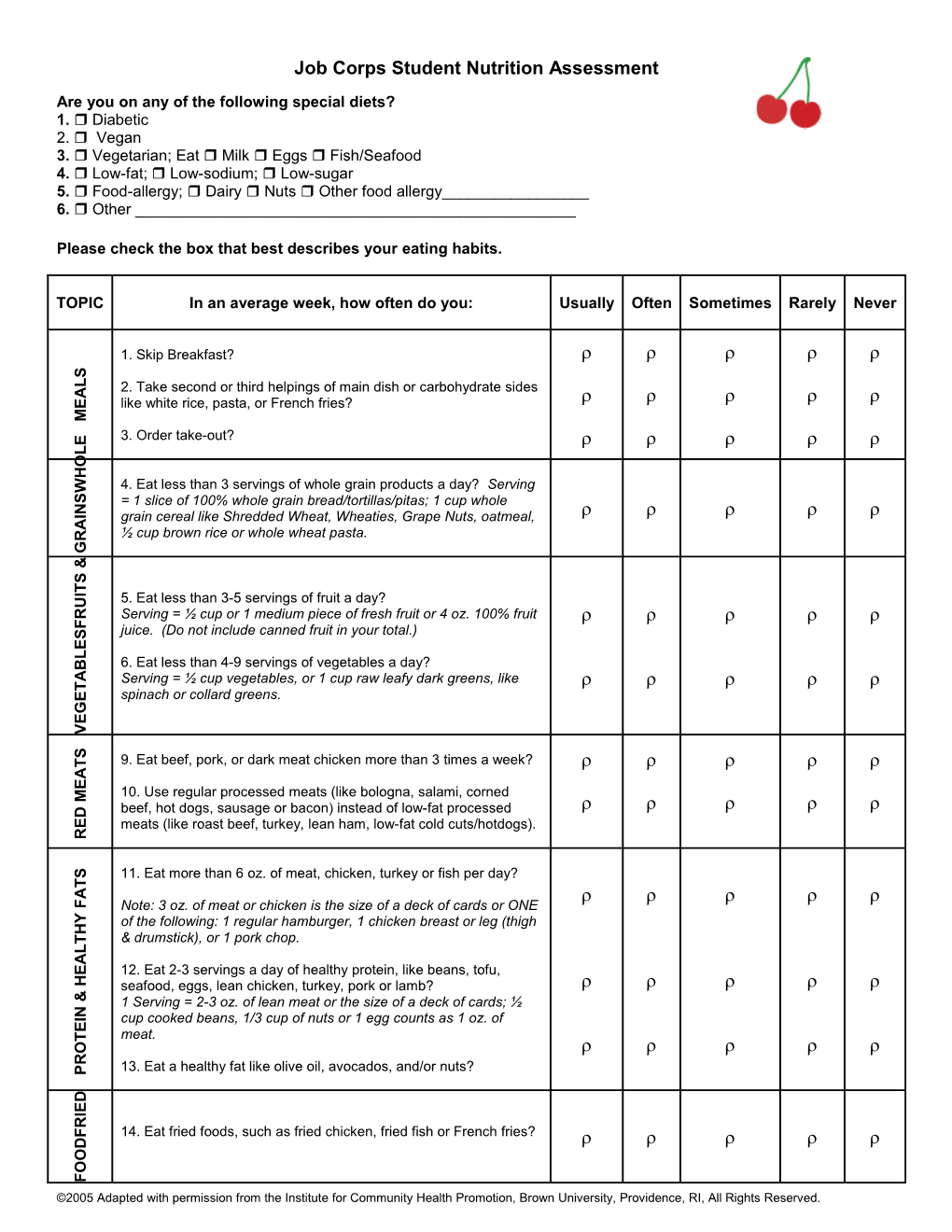 Job Corps Student Nutrition Assessment
