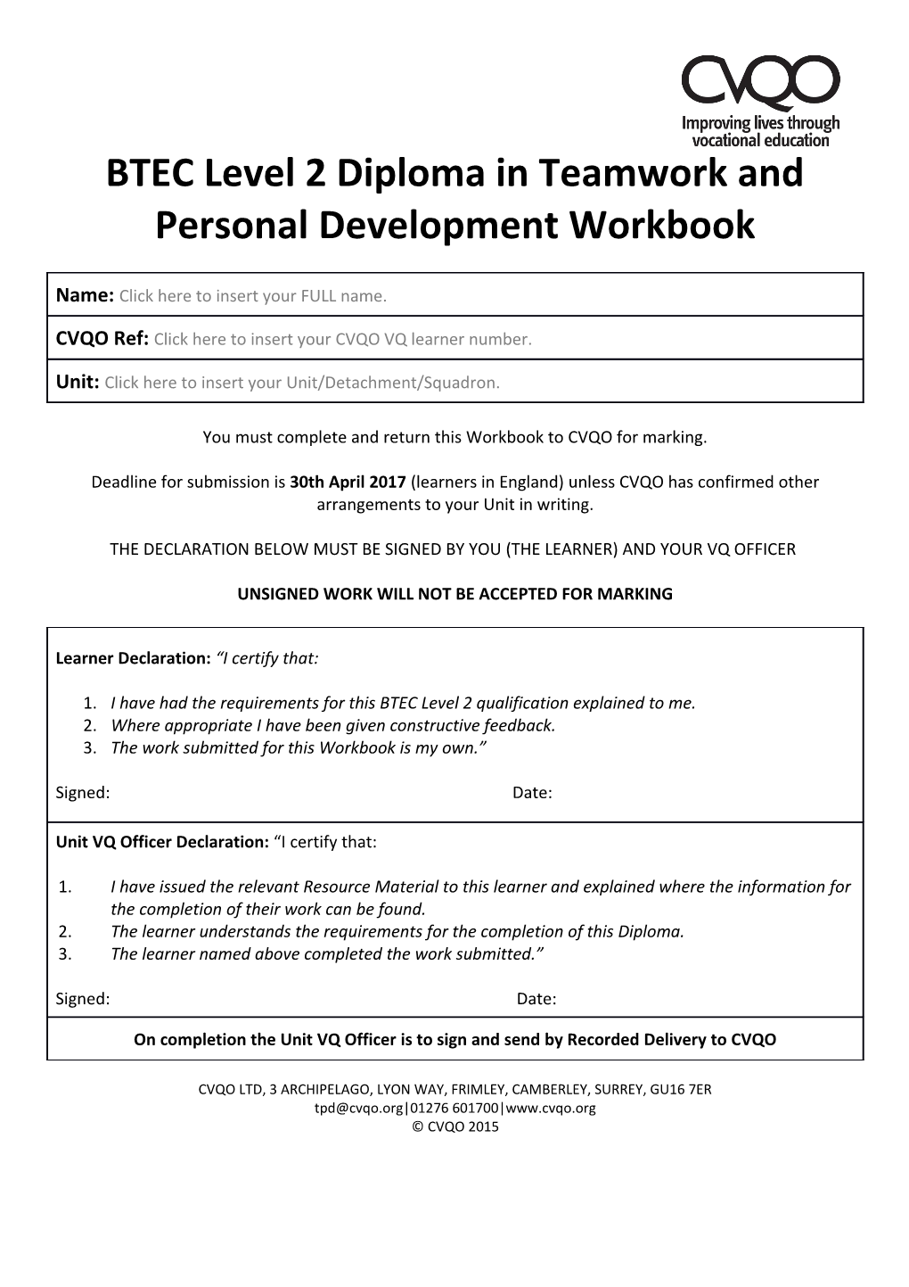 BTEC Level 2 Diploma in Teamwork and Personal Development Workbook