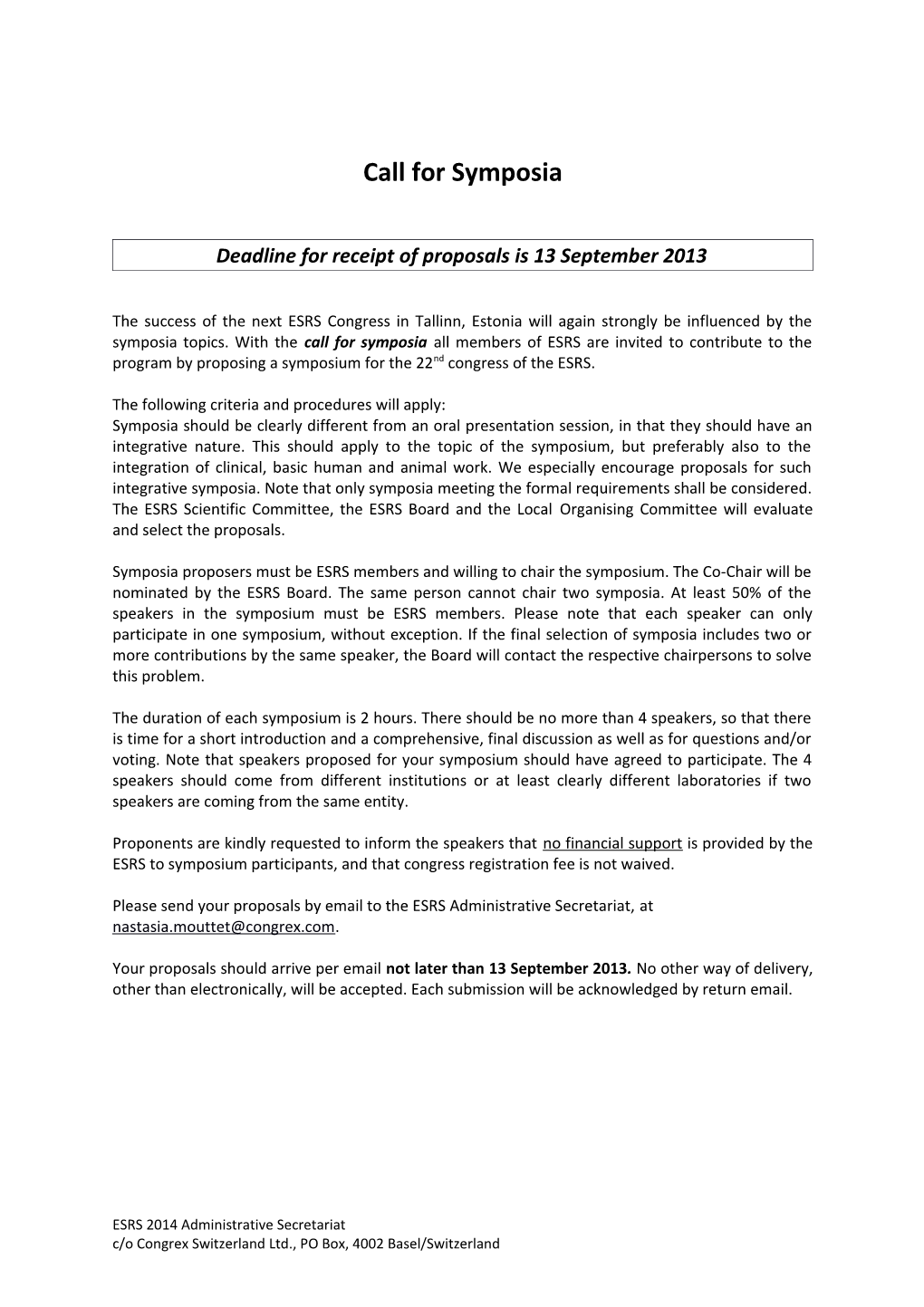 Deadline for Receipt of Proposals Is 13 September 2013