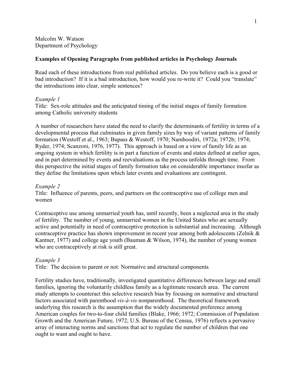 Examples of Opening Paragraphs from Published Articles in Psychology Journals