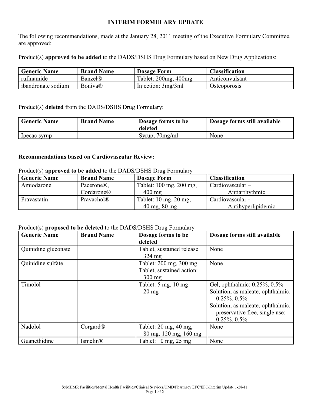 Interim Formulary Update 01-28-11